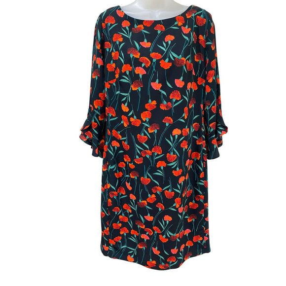 Karl Lagerfeld Paris Black & Red Floral Print 3/4 Sleeve Shift Dress Womens Size - Picture 3 of 10